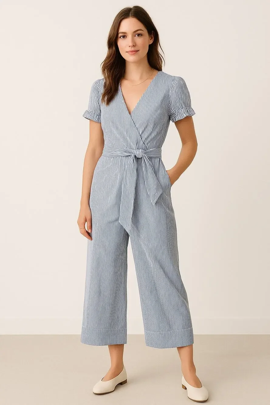 J.Crew Navy White Striped Ruffle Sleeve Cotton Poplin Wrap Jumpsuit Nautical 2